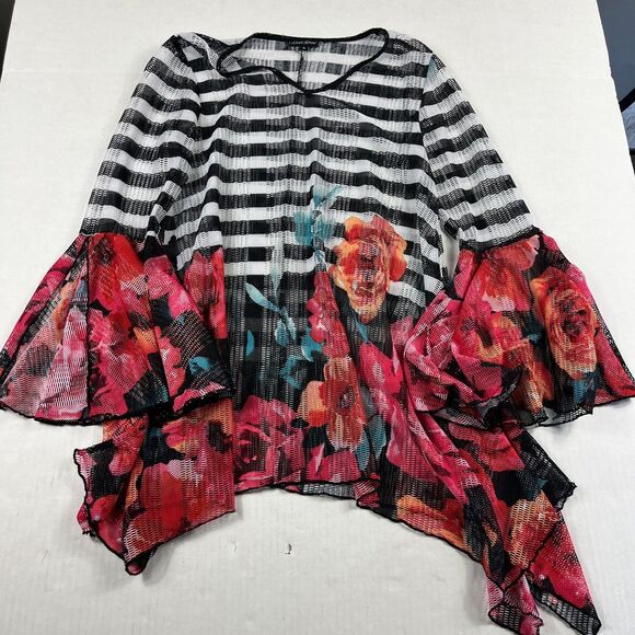 Dor Dor Mesh Tunic Top Mixed Print Blouse Boho Bell Sleeve Handkerchief Hem S - Picture 1 of 10